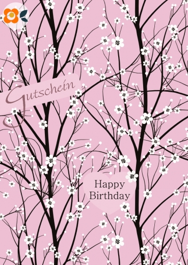 Geschenkgutschein (20 EUR), Kirschblüte rosa, Happy Birthday